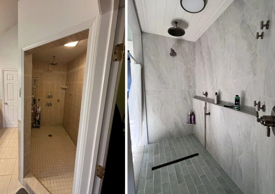 Old shower replaced with curbless tile shower
