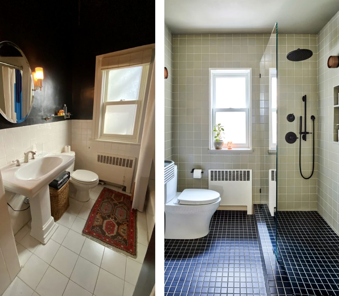 Dated bathroom remodeled with tile and new floor