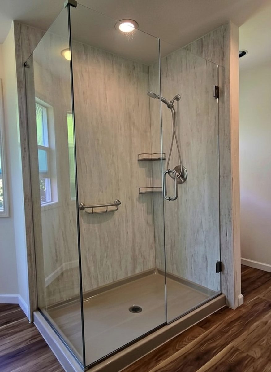 Walk-in shower with glass enclosure
